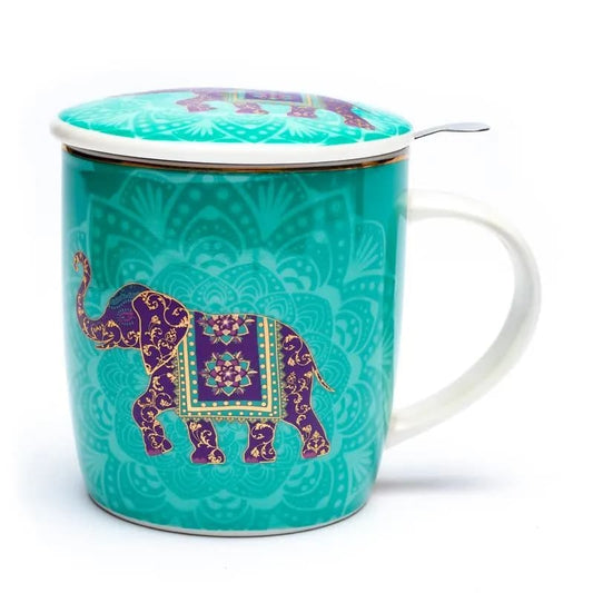 Teetasse mit Sieb und Deckel indischer Elephant Porzellan