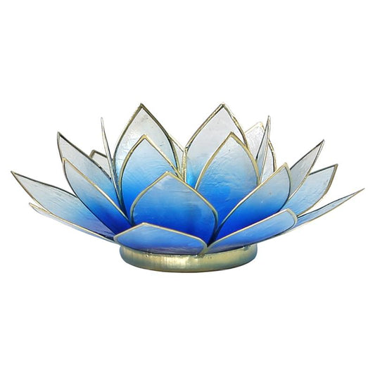 Lotus Teelichthalter blau/weiß goldfarbig aus Capiz Muscheln - Eleganz in Licht getaucht