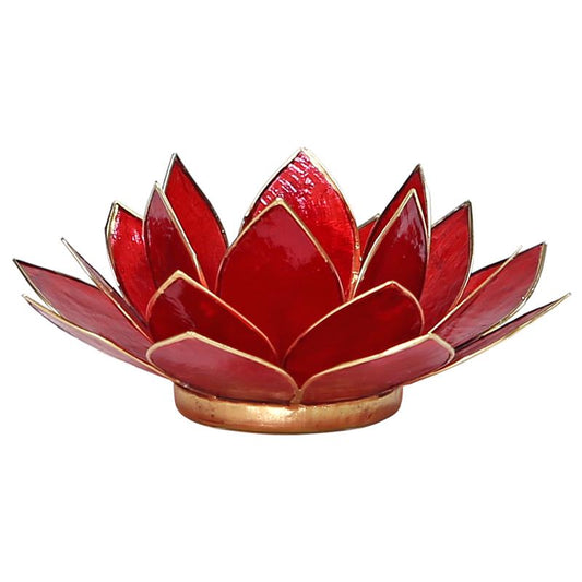 Lotus Teelichthalter rot 1. Chakra goldfarbig aus Capiz Muscheln 13,5 cm