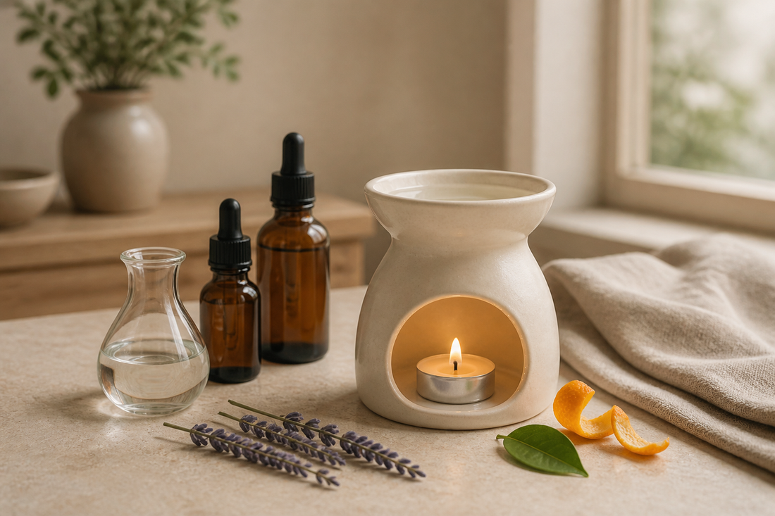 Duftlampe mit Duftöl, Wasser, Lavendel und Orangenschale