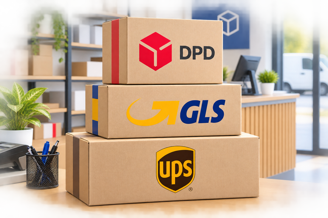 Pakete mit den Logos von DPD, GLS und UPS im Klura Paketshop