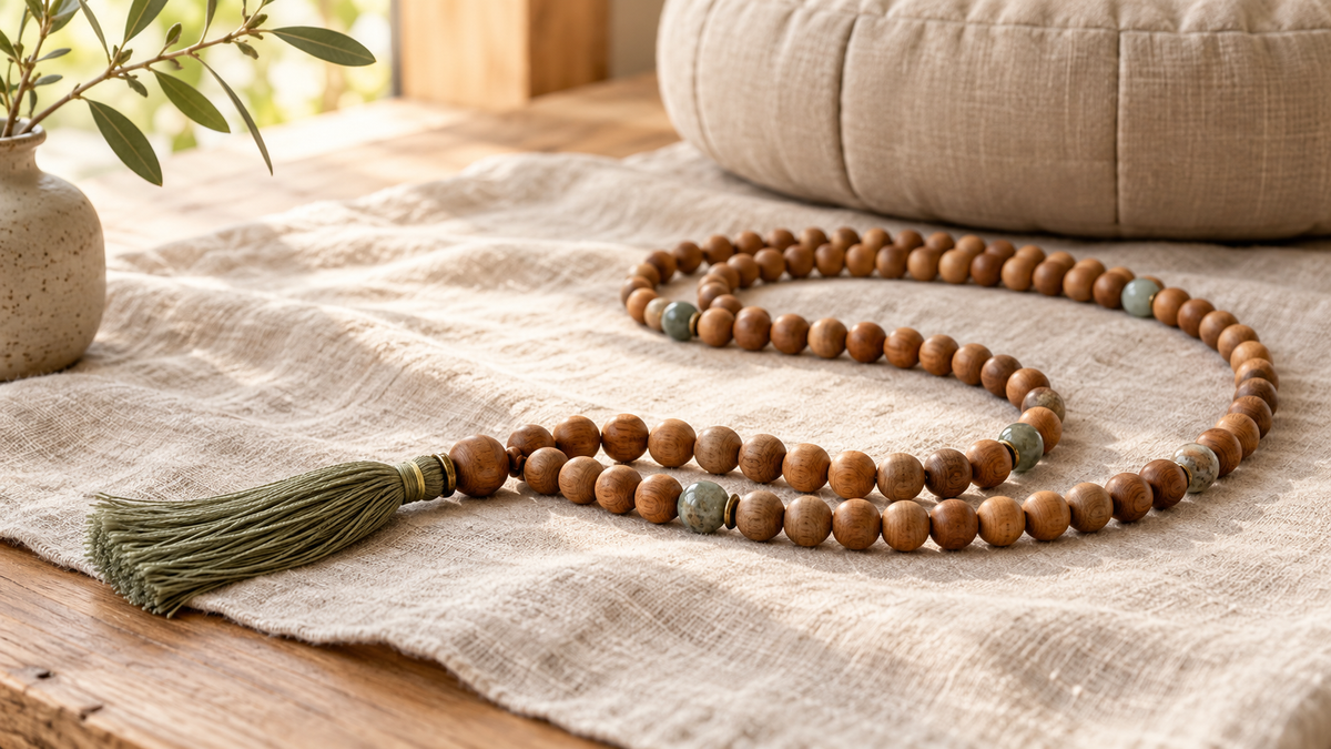 Mala-Kette aus Holz und Naturstein auf hellem Leinen neben einem Meditationskissen