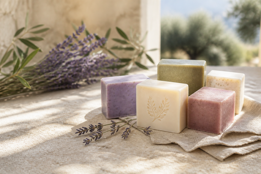 Marseille-Seifen mit Lavendel und Olivenzweigen in provenzalischer Atmosphäre