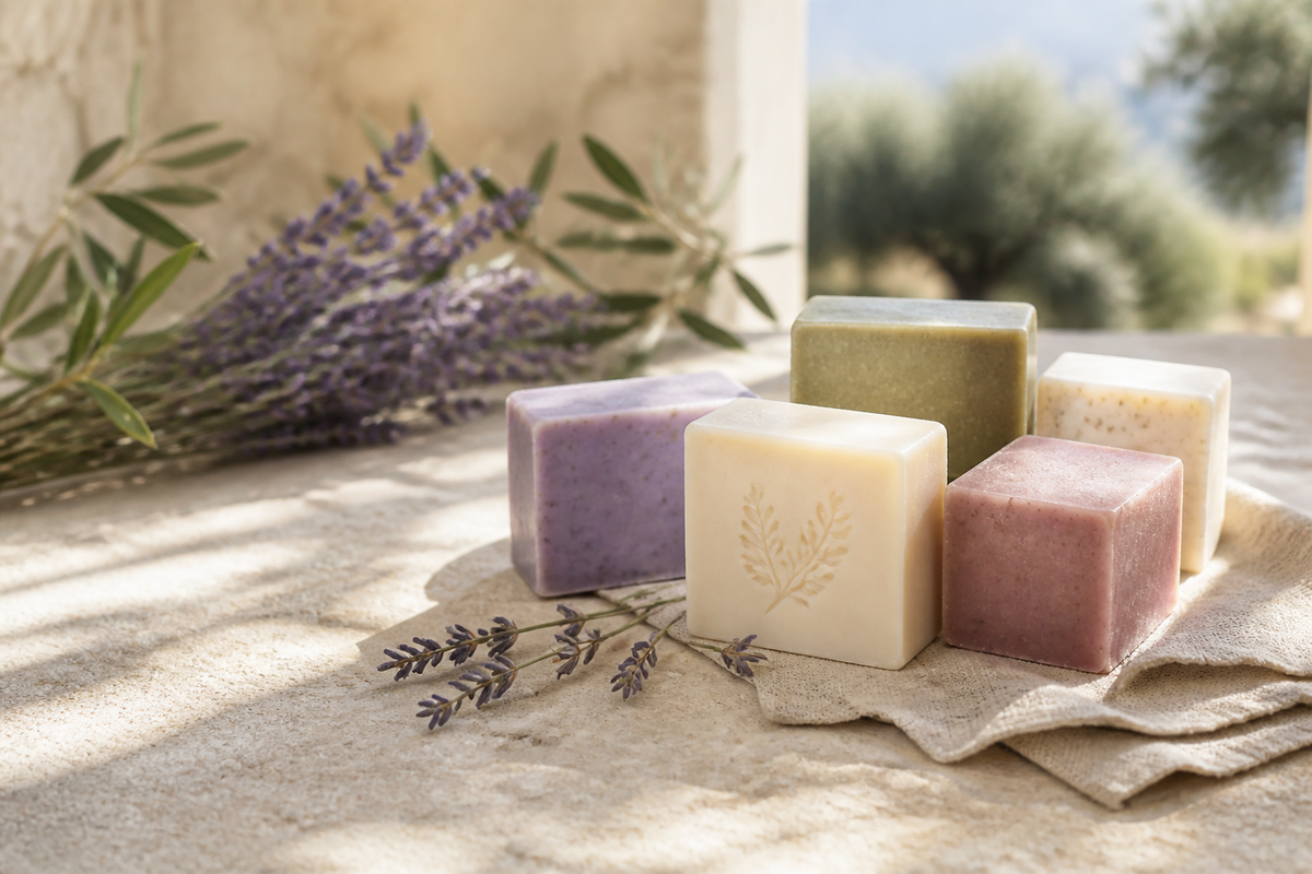 Marseille-Seifen mit Lavendel und Olivenzweigen in provenzalischer Atmosphäre
