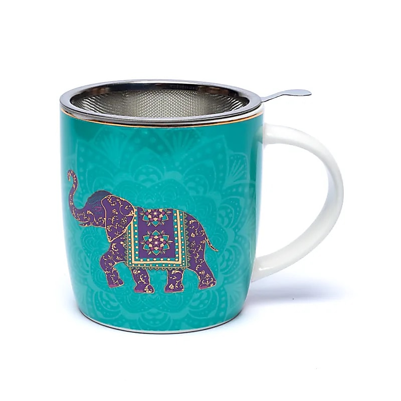 Teetasse mit Sieb – Indischer Elefant (Türkis) – Bone China Porzellan – 400 ml