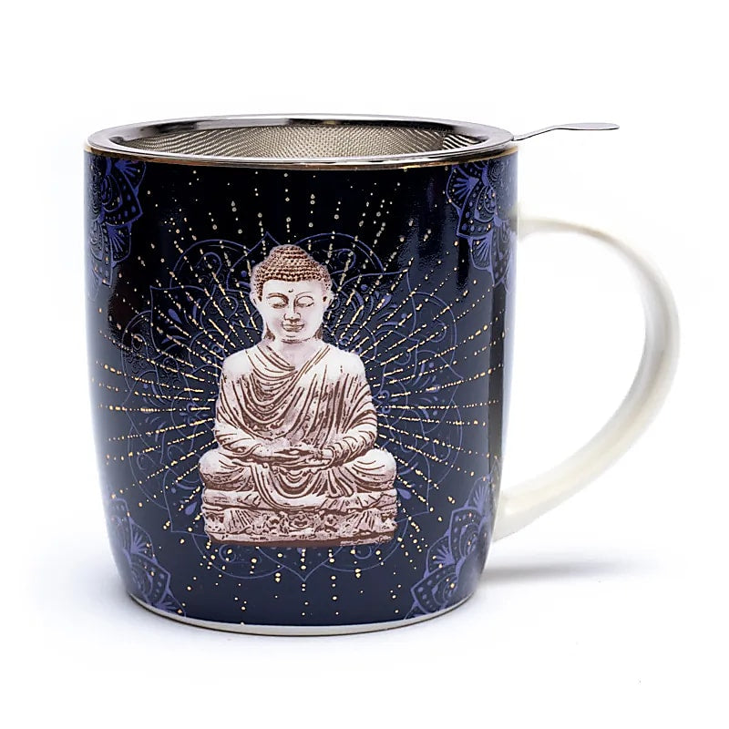 Teetasse mit Sieb – Buddha Blau – Bone China Porzellan – 400 ml