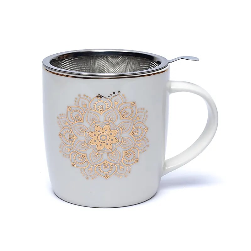 Teetasse mit Sieb Mandala Weiß/Gold – Bone China Porzellan – 400 ml