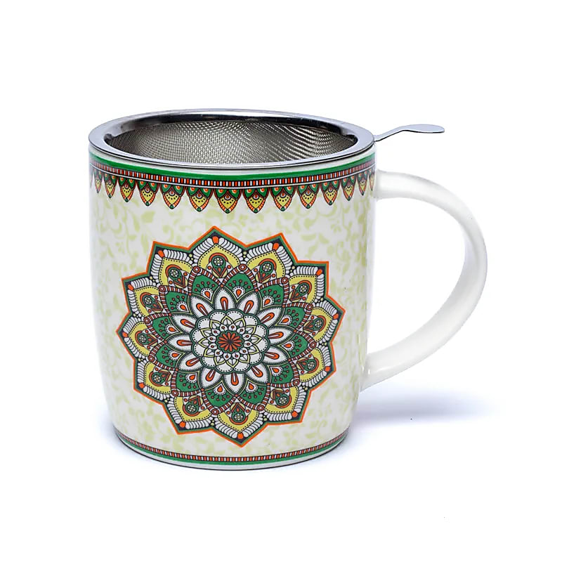 Teetasse Mandala Grün mit Sieb – Bone China Porzellan – 400 ml
