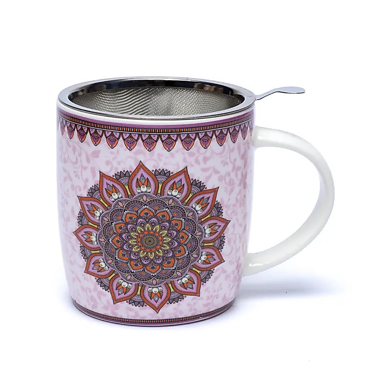 Teetasse Mandala Lila mit Sieb – Bone China Porzellan – 400 ml