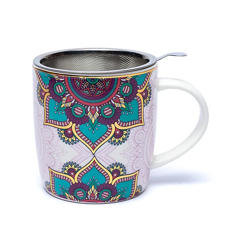 Teetasse Mandala Türkis mit Sieb – Bone China Porzellan – 400 ml