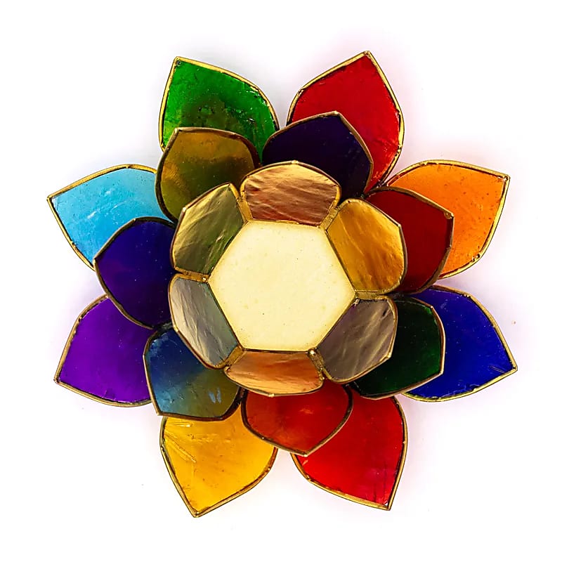 Lotus Teelichthalter aus Capiz-Muschel – 7 Chakra-Farben mit goldfarbenem Rand