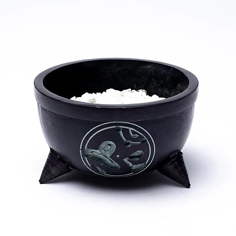 Incense burner soapstone black Ohm white stones