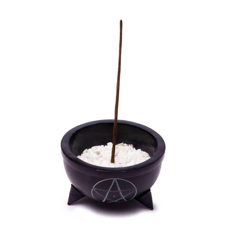 Incense burner soapstone black Ohm white stones