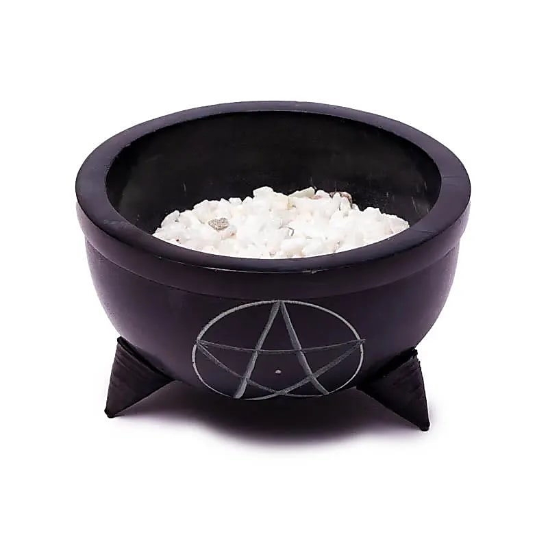 Incense burner soapstone black Ohm white stones