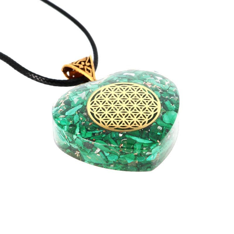 Orgonit Anhänger Herz aus Malachit mit Blume des Lebens – 3,5 cm