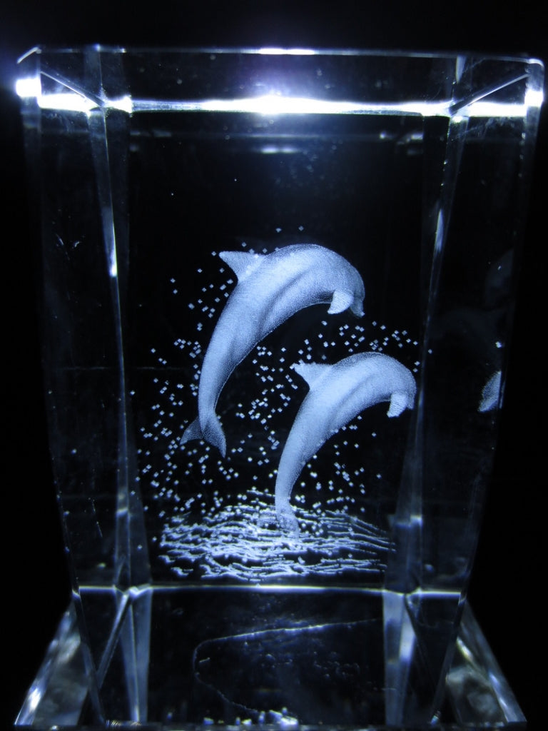 Kristallglas Laserblock mit 3D-Darstellung von Delphinen