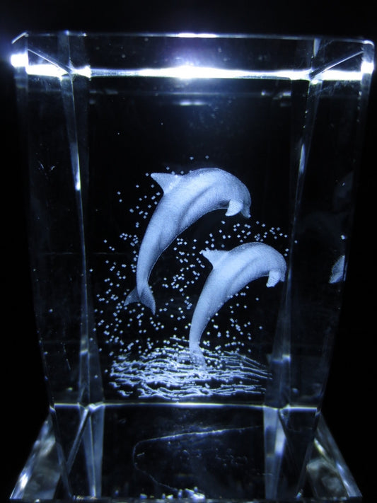 Kristallglas Laserblock mit 3D-Darstellung von Delphinen