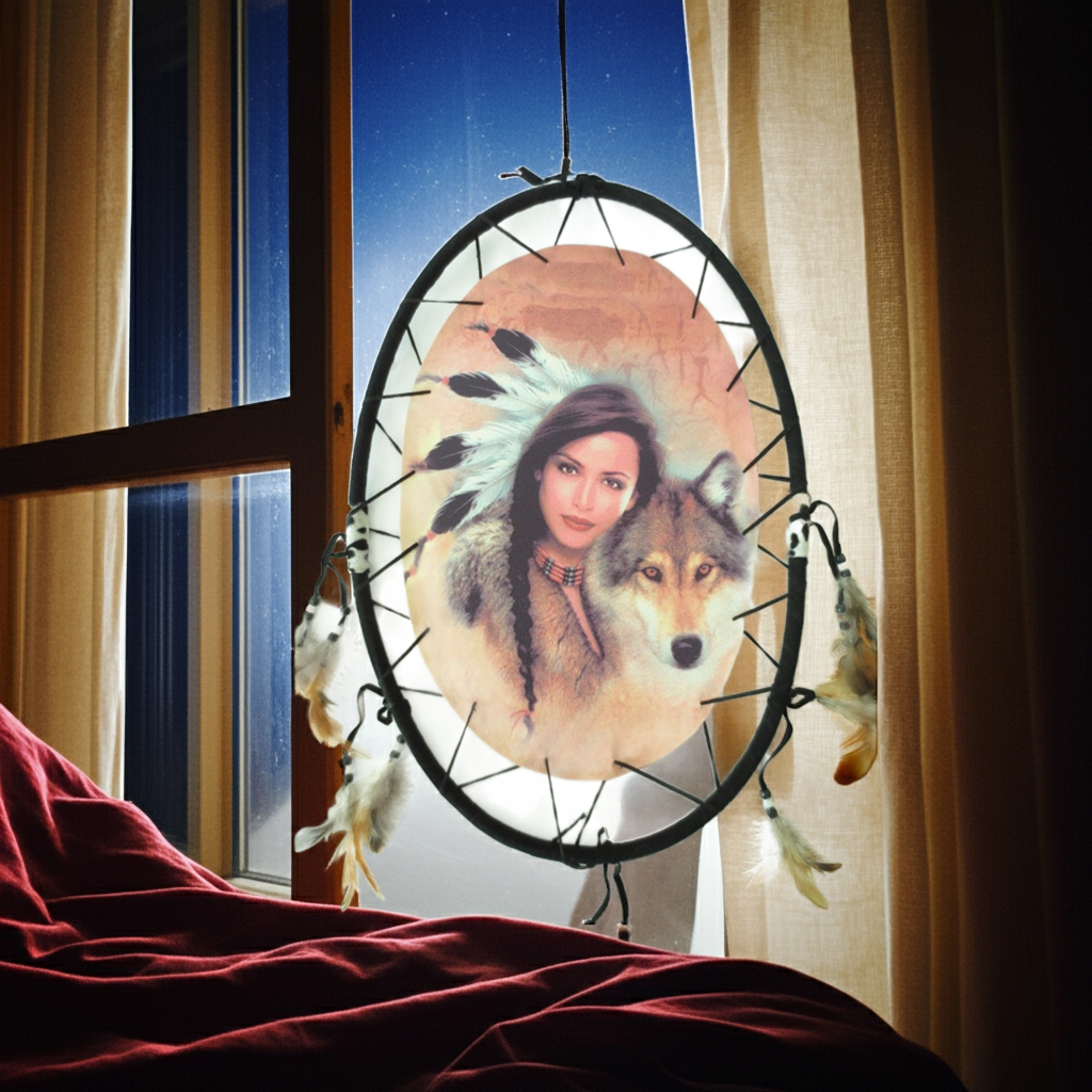 Ovaler Traumfänger – Indianerin mit Wolf