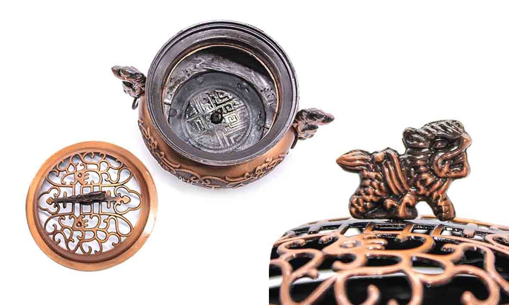 Weihrauchbrenner aus Metall 13x10 cm – Mit chinesischen Schriftzeichen und Drachenköpfen