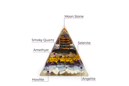 Orgonit Pyramide "Traumwelten" – Mondstein, Rauchquarz, Amethyst
