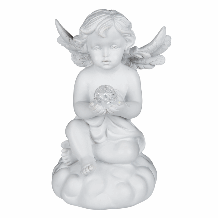 Sitzender Engel aus Polyresin mit weißer LED-Kugel (ca. 7 x 11,5 cm)