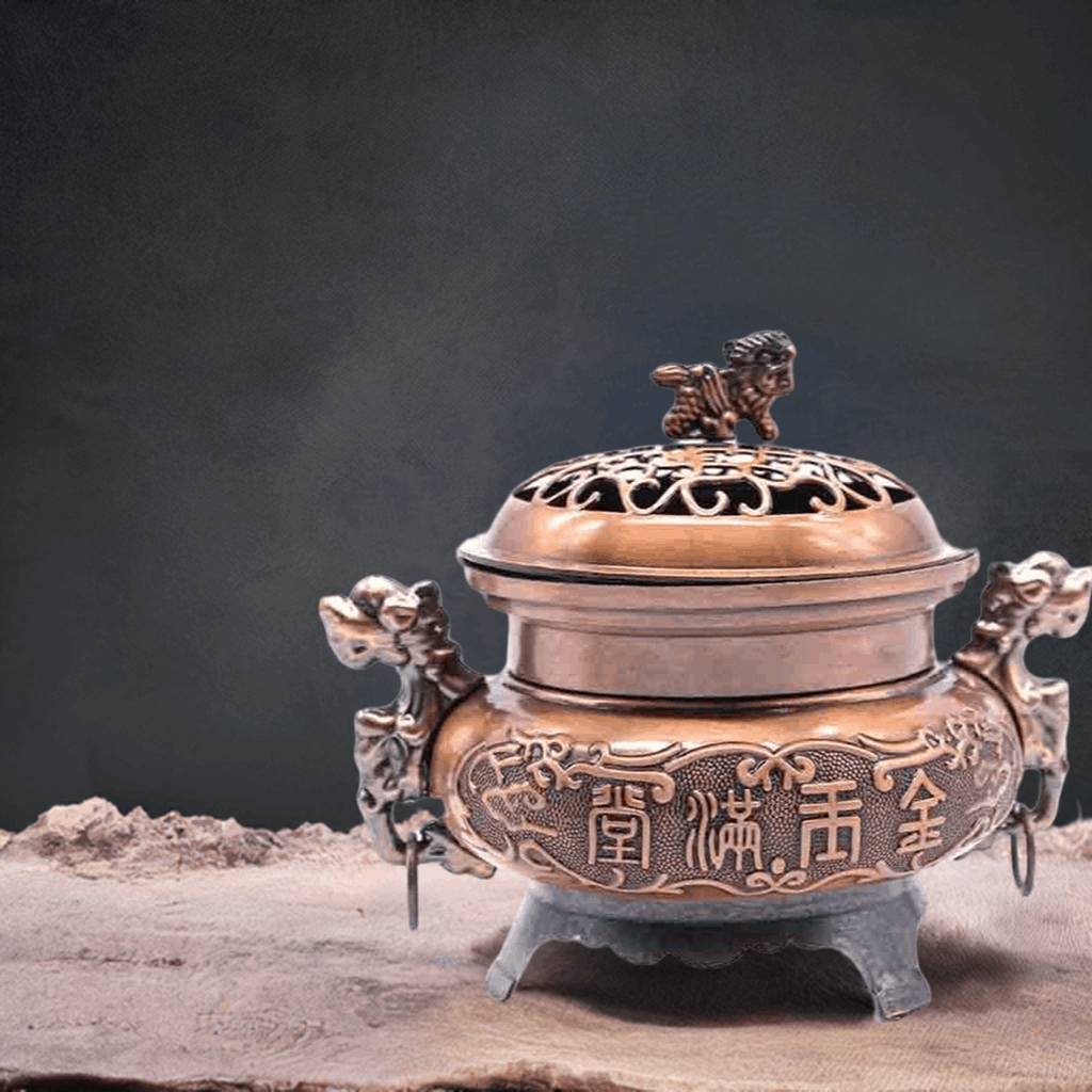 Weihrauchbrenner aus Metall 13x10 cm – Mit chinesischen Schriftzeichen und Drachenköpfen