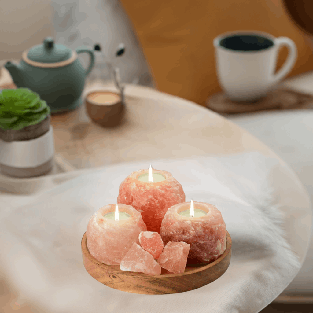 Salzkristall Teelichthalter - SET ROCK inkl. Akazienholzplatte