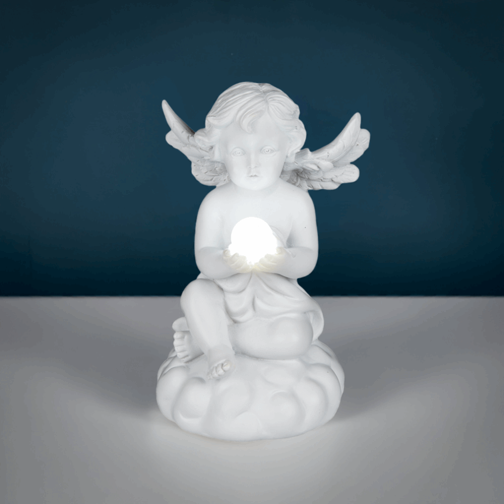 Sitzender Engel aus Polyresin mit weißer LED-Kugel (ca. 7 x 11,5 cm)