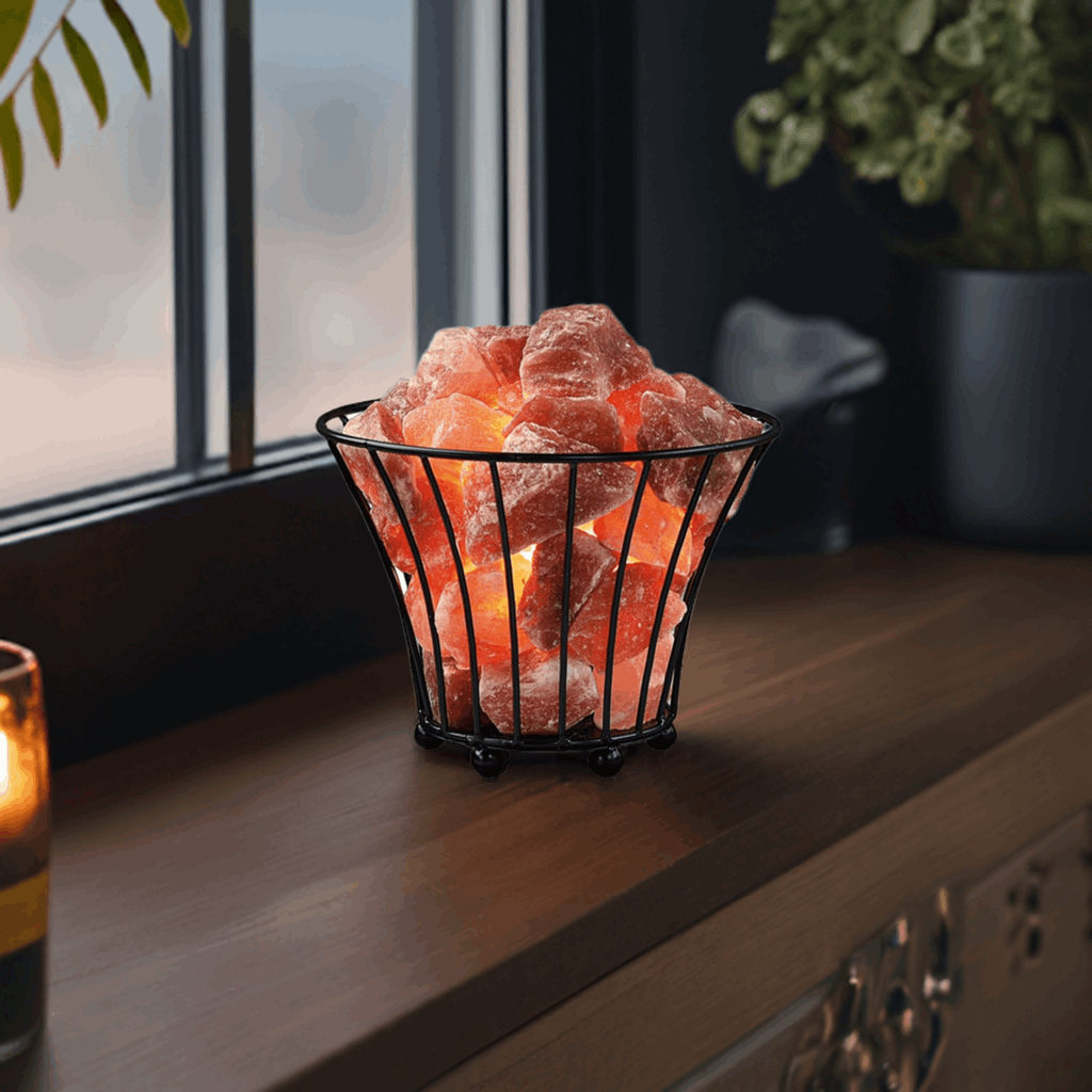 Beleuchteter Feuerkorb klein mit Salzkristall-Brocken