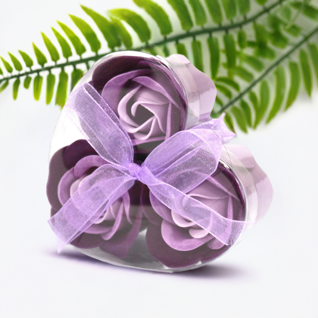 3 soap roses in the heart box - lavender