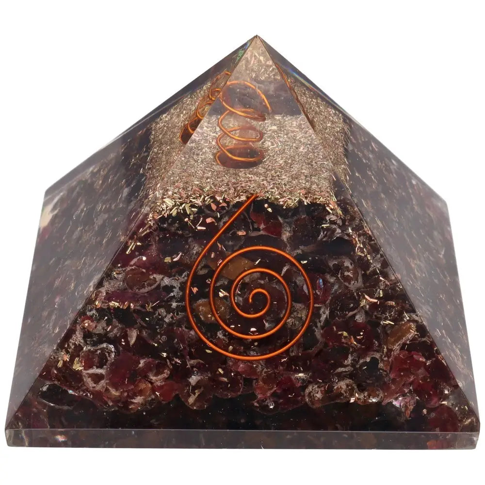 Granat Orgonit Pyramide mit Kupferspirale 7x7 cm