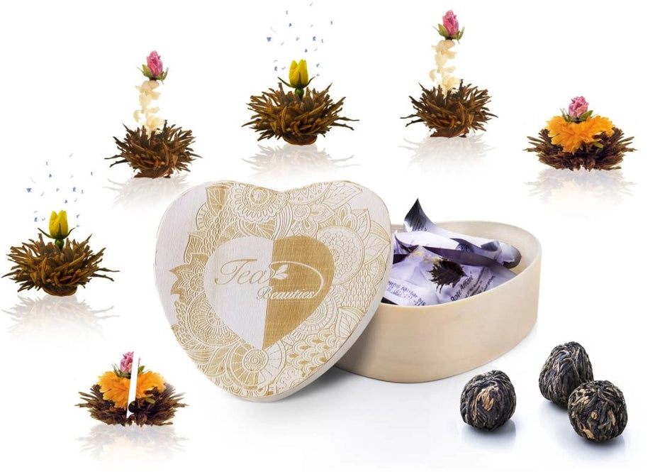 Herz-Holzbox mit 6er ErblühTee Schwarztee: Ein Geschenk für die Sinne