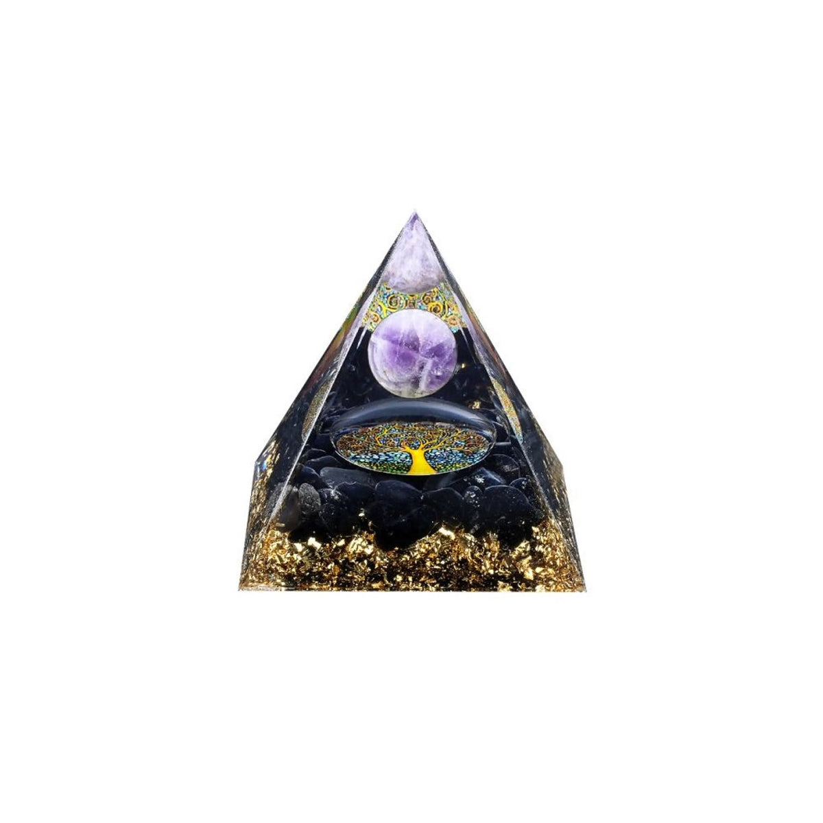 Orgonit-Pyramide mit Amethyst, schwarzem Obsidian und Lebensbaum-Motiv