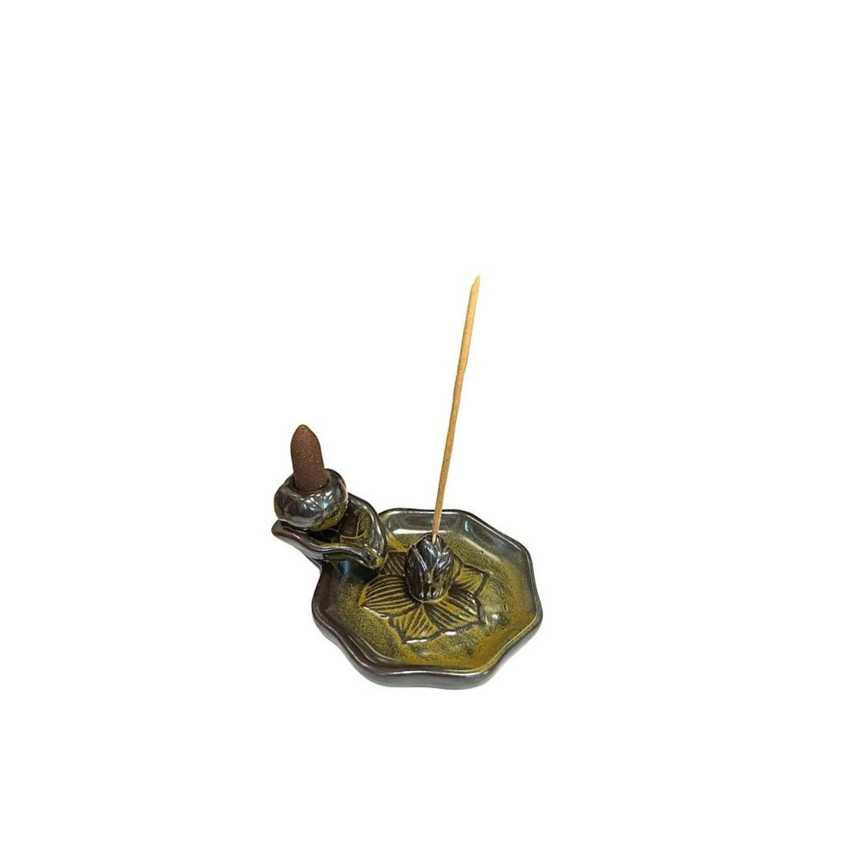 Lotusblüten-Räucherhalter aus brauner Keramik für Backflow-Kegel und Räucherstäbchen