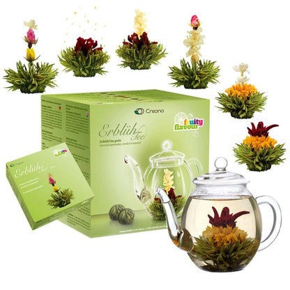 Creano Teeblumen Mix - Geschenkset Erblühtee mit Glaskanne Grüner Tee