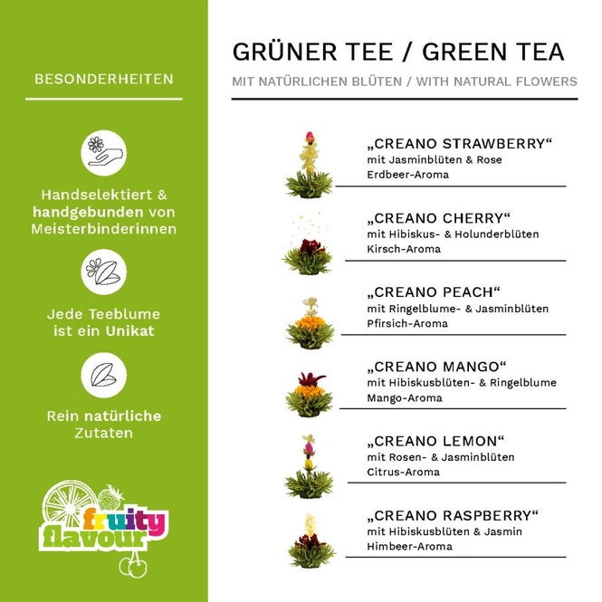 Creano Teeblumen Mix - Geschenkset Erblühtee mit Glaskanne Grüner Tee