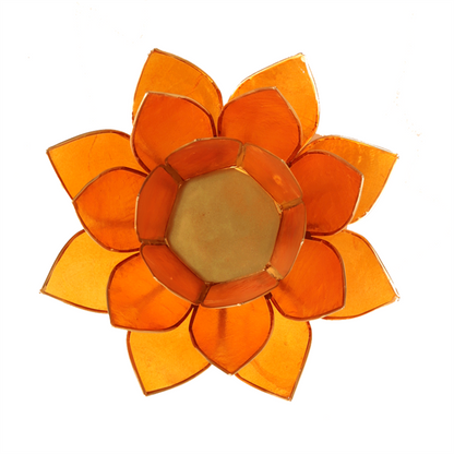 Lotus Teelichthalter orange 2. Chakra goldfarbig aus Capiz Muscheln 13,5 cm