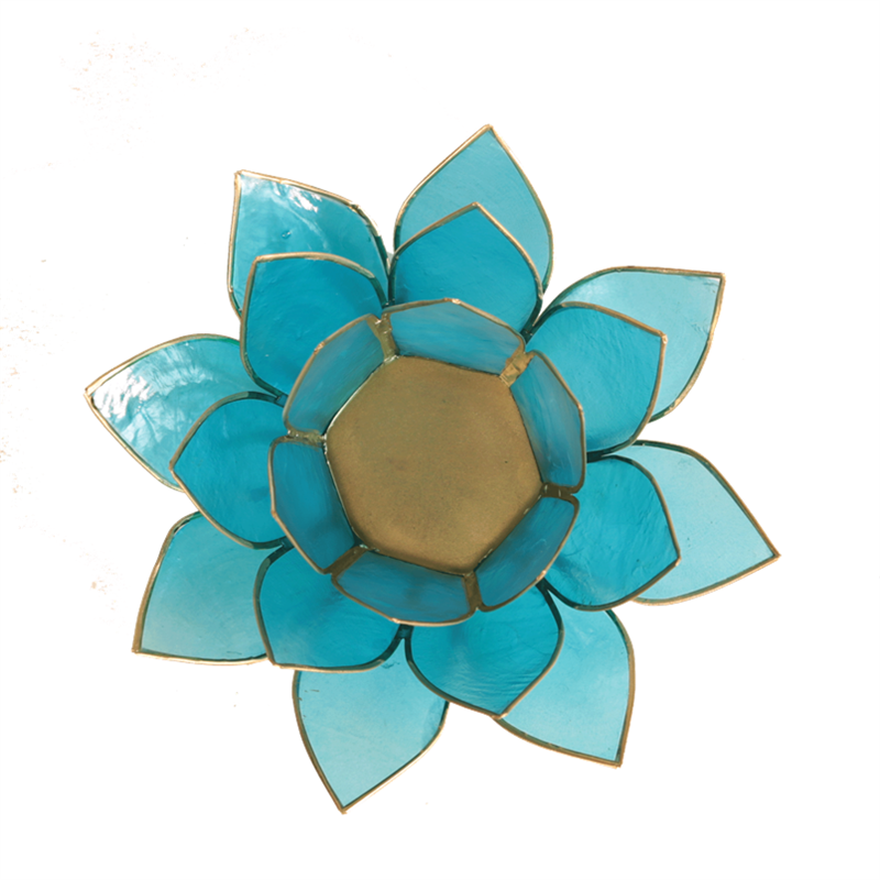 Lotus Teelichthalter blau 5. Chakra goldfarbig aus Capiz Muscheln 13,5 cm
