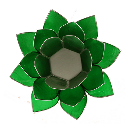 Lotus Teelichthalter grün 4. Chakra silberfarbig aus Capiz Muscheln 13,5 cm