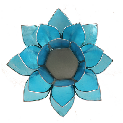 Lotus Teelichthalter blau 5. Chakra silberfarbig