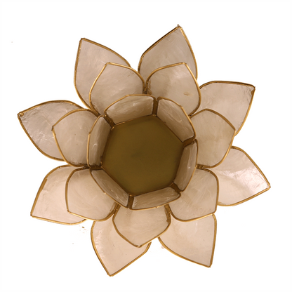 Eleganter Lotus Teelichthalter aus Capiz Muscheln - Weiß und Goldfarben, 13,5 cm