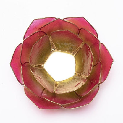 Lotus Teelichthalter rosa/hellgrün mit Goldrand aus Capiz Muscheln 13,5 cm