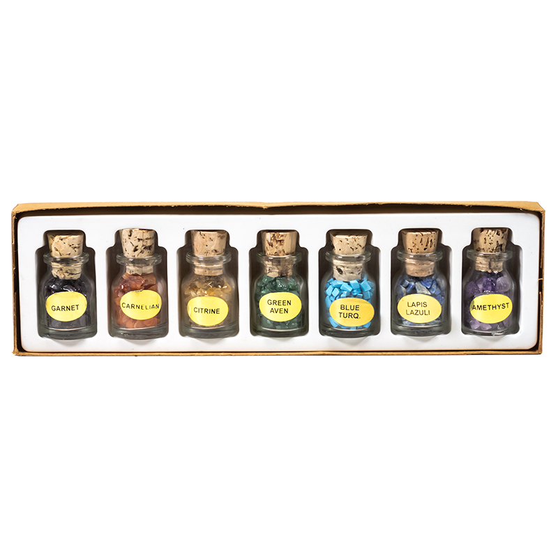 Chakra Edelstein-Geschenkfläschchen-Set - 7 kraftvolle Steine aus Indien