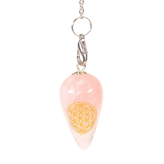 Pendulum rose quartz teardrop-shaped flower of life