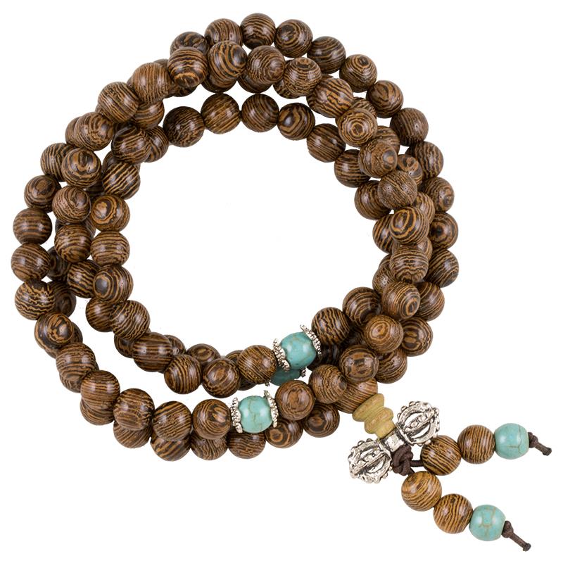 Wooden mala elastic with 3 decorative stones and dorje