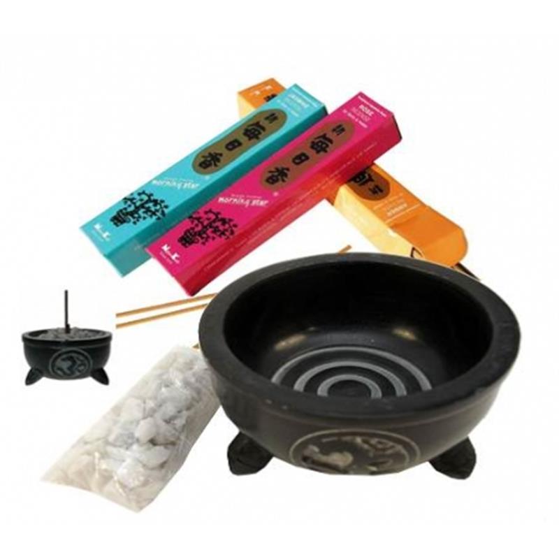 Räuchergefäß Speckstein schwarz mit Ohm-Symbol und weißen Steinen