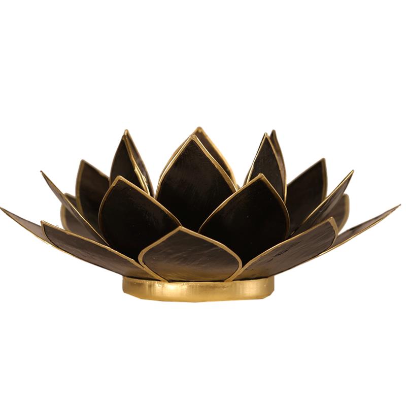 Lotus Teelichthalter: Schwarzes Design mit Goldglanz aus Capiz Muscheln, 13,5 cm