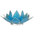 Lotus Teelichthalter aus Capiz-Muschel – blau mit silberfarbenem Rand (5. Chakra)