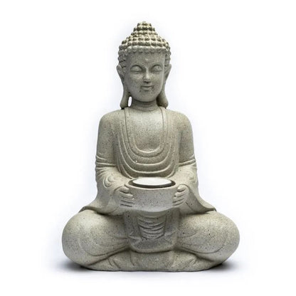 Meditierender Buddha mit Kerzenhalter steingrau