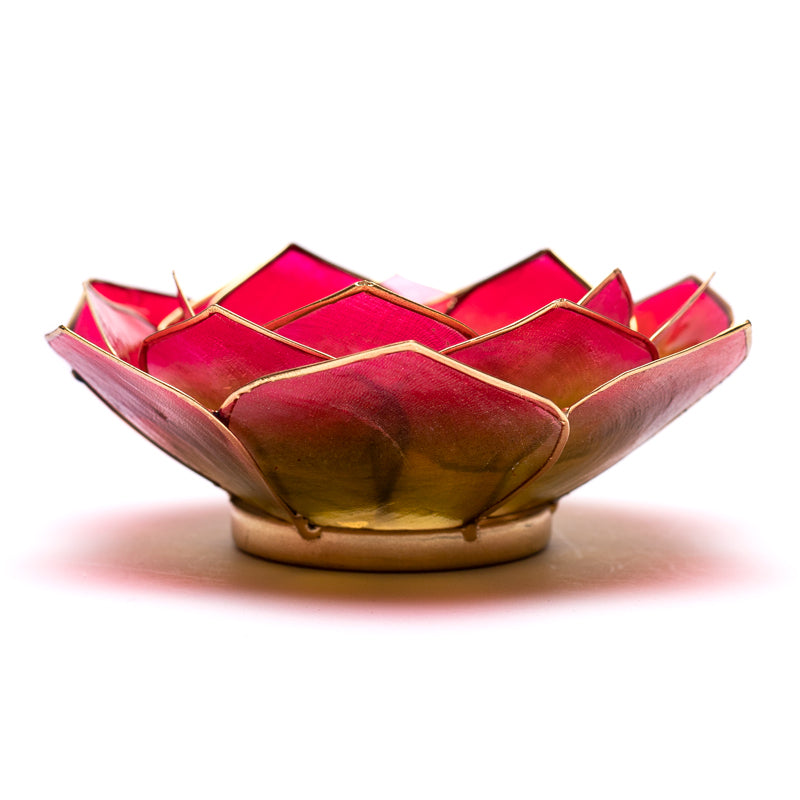 Lotus Teelichthalter rosa/hellgrün mit Goldrand aus Capiz Muscheln 13,5 cm
